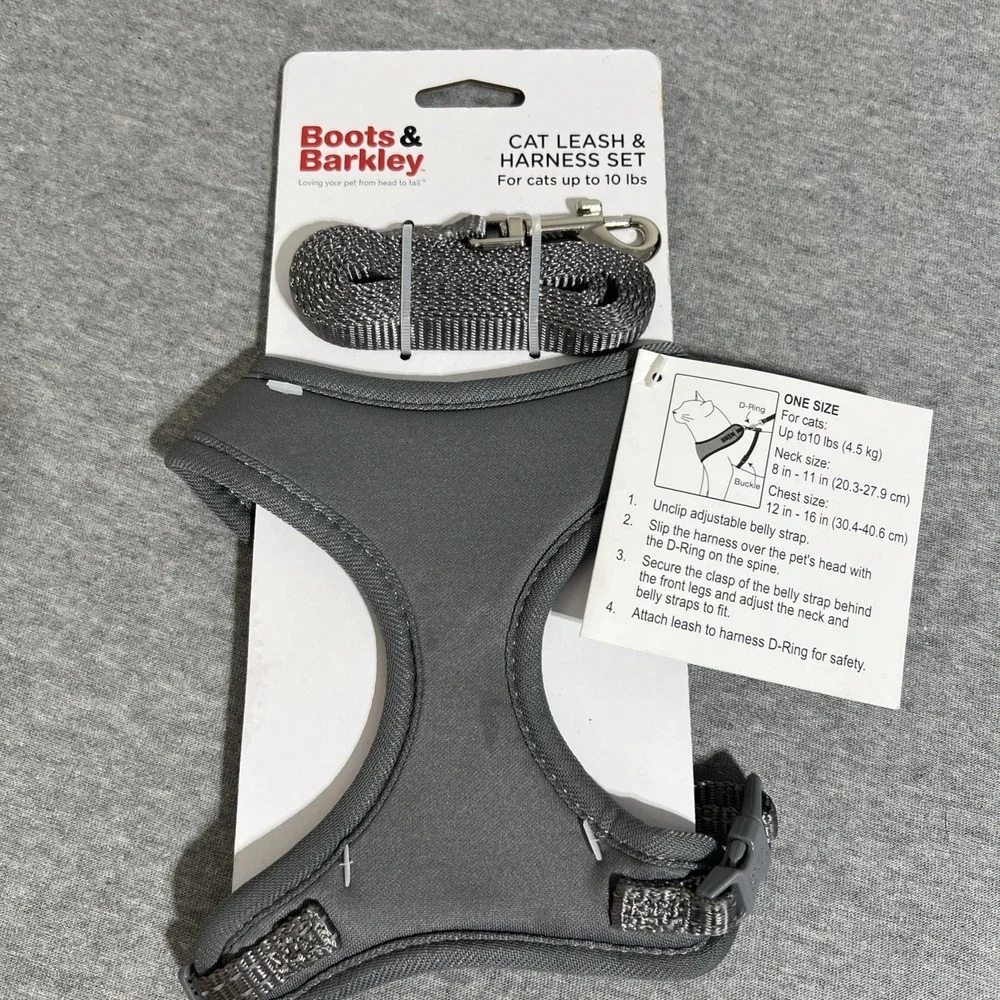 Boots & Barkley Cat Leash & Harness Set For Cat Up To 10 LBS Gray Adjustable New